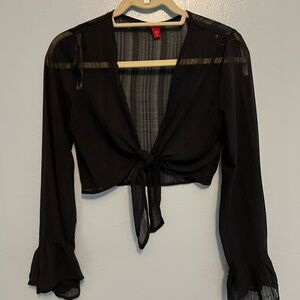 Guess Black Sheer Cropped Tie-Front Blouse